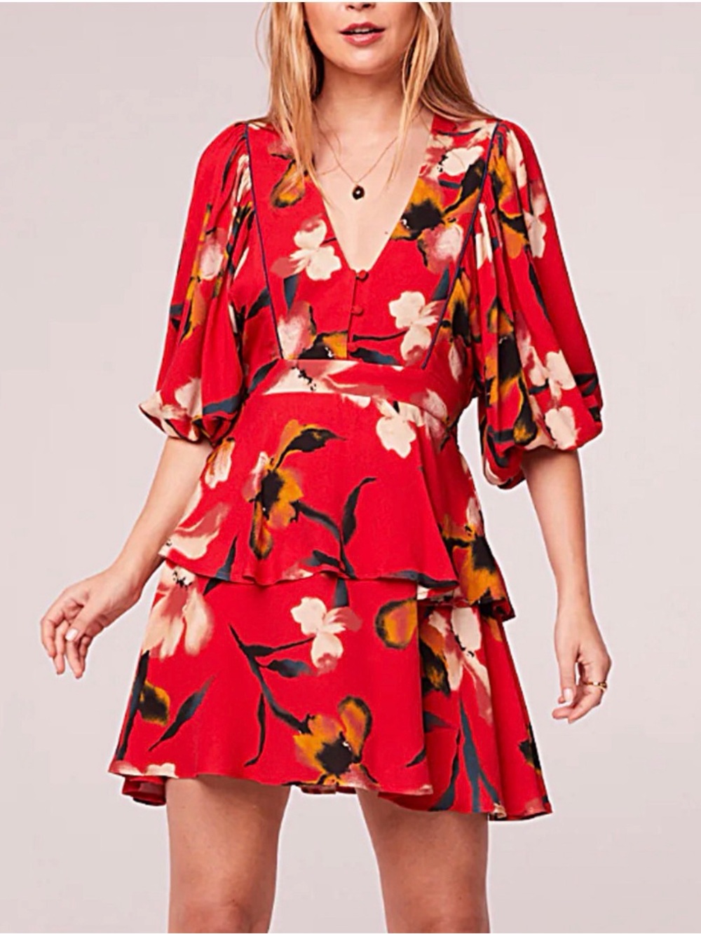 Band of the Free Red Floral Fit Flare Mini Dress Small Boho 3/4 Sleeve Tiered